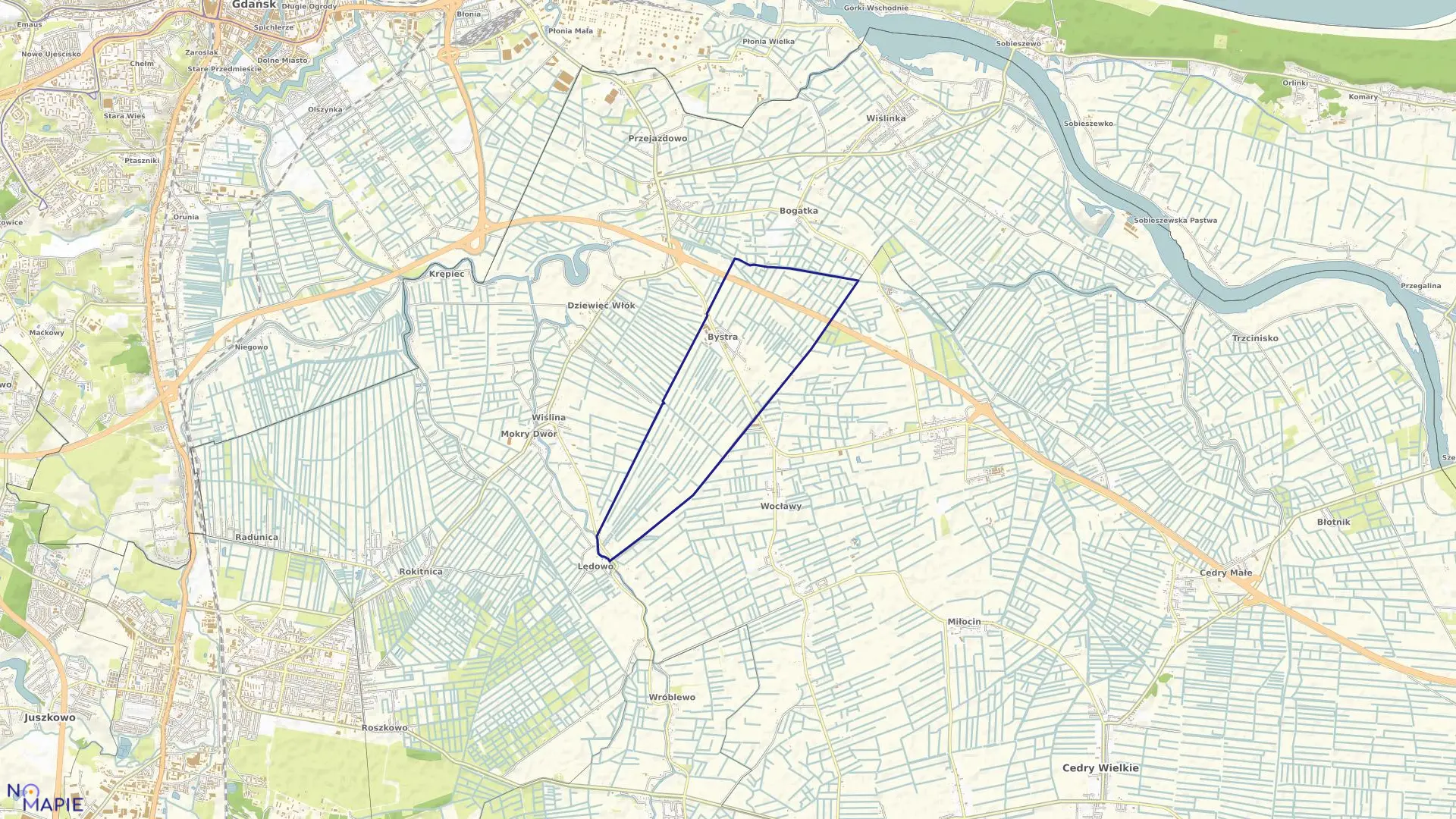 Mapa obrębu Bystra w gminie Pruszcz Gdański