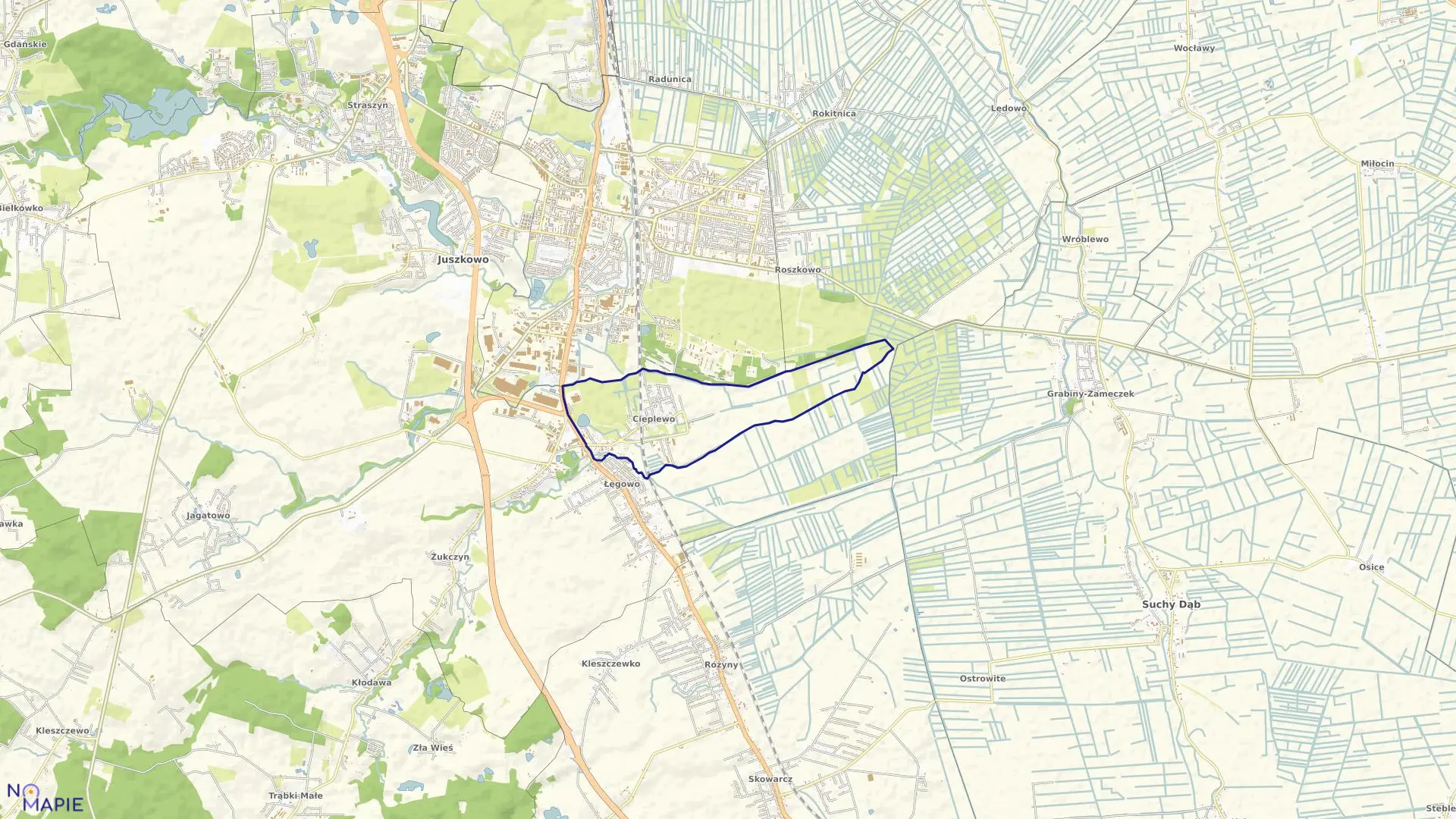 Mapa obrębu Cieplewo w gminie Pruszcz Gdański