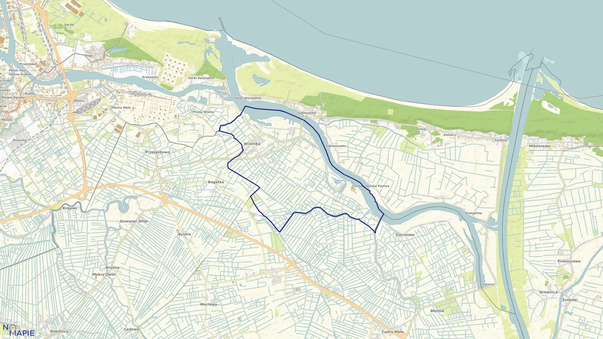 Mapa obrębu Wiślinka w gminie Pruszcz Gdański